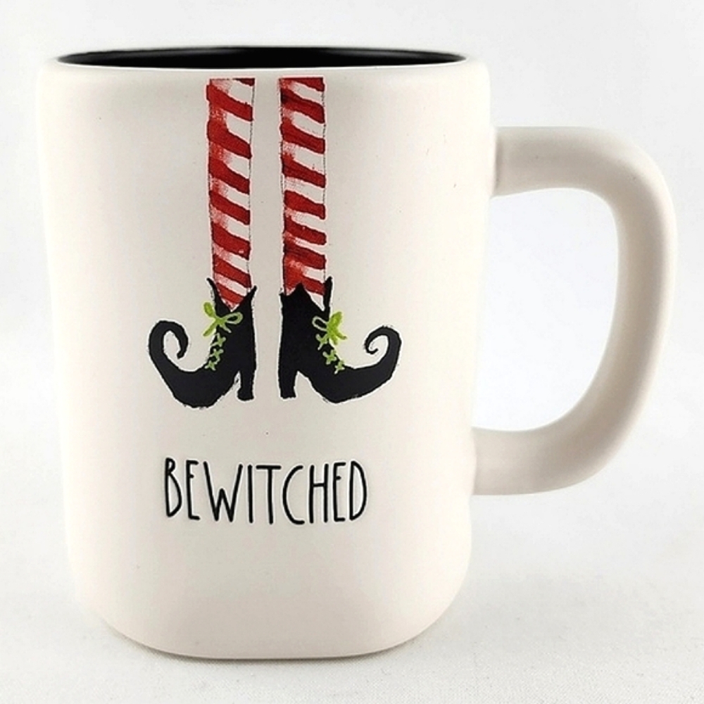 NWT RAE DUNN White Mug Large Letters BEWITCHED Red White Witchy Legs